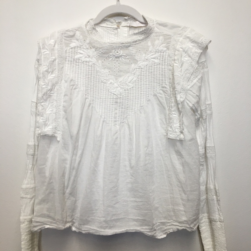 Mango Gauzy Lace Embroidered Long Sleeve Blouse 4 White 100% Cotton - Picture 10 of 11